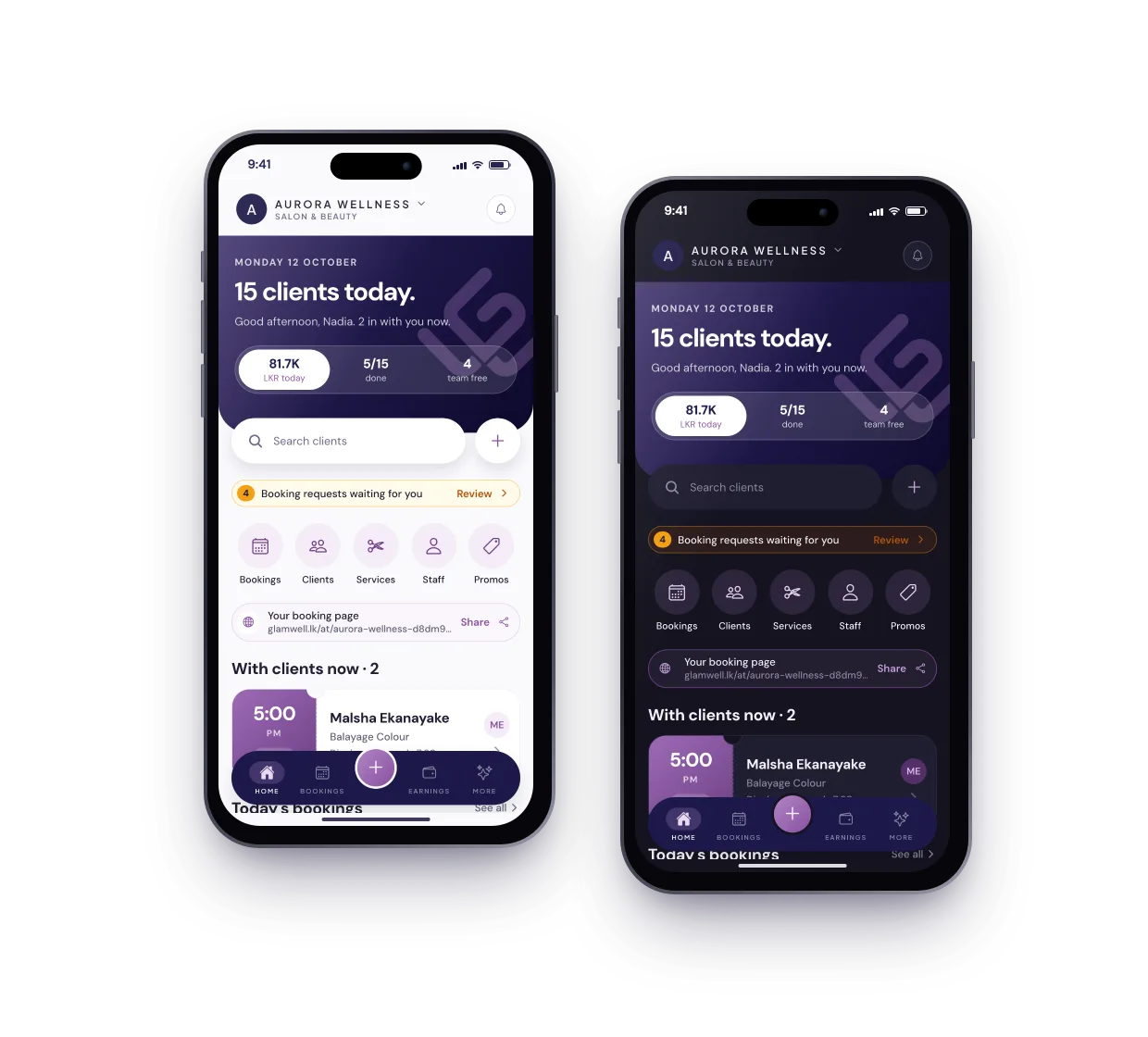 The GlamWell Pro app's home screen in light and dark mode